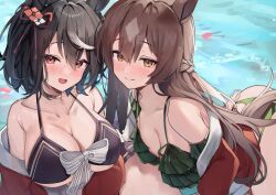  2girls absurdres animal_ears ass bikini black_hair breasts brown_hair character_request highres horse_ears horse_girl horse_tail kuroshiro_kanae large_breasts long_hair multiple_girls navel red_eyes smile swimsuit tail umamusume yellow_eyes 