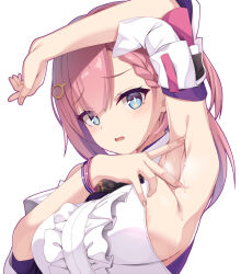  1girl areola_slip aria_(koiiroharemoyou) armpits asta_(honkai:_star_rail) bare_shoulders blue_eyes braid breasts center_frills commentary_request detached_sleeves frills hair_ornament highres honkai:_star_rail honkai_(series) large_breasts long_hair looking_at_viewer open_mouth pink_hair presenting_armpit shirt short_sleeves sideboob simple_background sleeveless sleeveless_shirt solo spread_armpit sweat upper_body white_background white_shirt  rating:Questionable score:29 user:danbooru