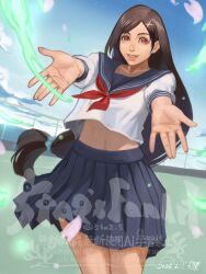  1girl 5tatsu black_hair blue_sailor_collar blue_skirt breasts cowboy_shot crop_top dated final_fantasy final_fantasy_vii final_fantasy_vii_ever_crisis hair_ornament hair_scrunchie highres long_hair low-tied_long_hair medium_breasts midriff necktie official_alternate_costume outstretched_arms parted_lips pleated_skirt red_eyes red_necktie rooftop sailor_collar school_uniform scrunchie skirt smile solo swept_bangs tifa_lockhart tifa_lockhart_(midgard_seventh_high_school) twitter_username upshirt x_hair_ornament 