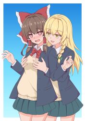 2girls @_@ absurdres alternate_costume black_jacket blonde_hair blush bow bowtie braid brown_hair cardigan chinese_commentary collared_shirt commentary_request contemporary frilled_bow frilled_hair_tubes frills grabbing_another&#039;s_breast grabbing_from_behind green_bow green_skirt groping hair_bow hair_tubes hakurei_reimu highres jacket kirisame_marisa long_hair long_sleeves mixed-language_commentary multiple_girls no_headwear open_clothes open_jacket open_mouth piaoluo_de_ying_huaban pleated_skirt red_bow red_bowtie red_eyes school_uniform shirt side_braid single_braid skirt smile touhou white_shirt yellow_cardigan yellow_eyes yuri 