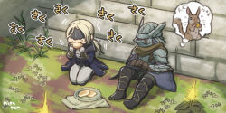  armor blonde_hair chibi duchess_(elden_ring) eating elden_ring elden_ring_nightreign full_body helmet imagining mask pen_(mipe) rabbit seiza sitting wylder_(elden_ring) 