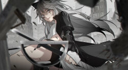  1girl animal_ears arknights bare_legs battle black_coat black_shorts chinese_commentary city cloud cloudy_sky coat commentary_request cowboy_shot crop_top debris dual_wielding fangs fingerless_gloves floating_clothes floating_hair gloves grey_eyes grey_hair hair_between_eyes happy highres holding holding_sword holding_weapon kirina_zero lappland_(arknights) layered_sleeves long_hair long_sleeves looking_at_viewer messy_hair midriff open_clothes open_coat open_mouth outdoors ruins scar scar_across_eye scar_on_face shirt short_over_long_sleeves short_shorts short_sleeves shorts sky slit_pupils smile solo sword very_long_hair weapon white_gloves white_shirt wolf_ears wolf_girl 