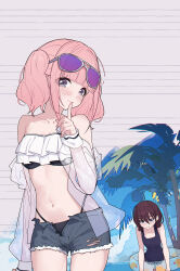  2girls bikini bikini_under_shorts black_bikini blue_one-piece_swimsuit blush breasts brown_hair chinese_commentary closed_mouth commentary_request eyewear_on_head finger_to_mouth girls_band_cry grey_eyes highleg highleg_bikini highres hina_(girls_band_cry) innertube iseri_nina low_twintails medium_breasts multiple_girls navel one-piece_swimsuit palm_tree pink_hair pout see-through_clothes short_hair short_twintails shushing stomach strapless strapless_bikini swim_ring swimsuit tree twintails yun_cao_bing 