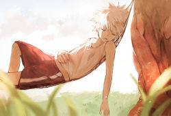  1boy child cloud grass hammock hunter_x_hunter killua_zoldyck male_focus open_mouth outdoors shirt shorts sky sleeping sleeveless sleeveless_shirt solo source_request sumomo4r tree white_hair 