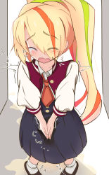 1girl arms_between_legs between_legs blonde_hair blue_skirt blush brown_footwear closed_eyes collarbone covering_privates covering_crotch crotch_grab crying embarrassed eyes_visible_through_hair female_focus from_above full_body hand_between_legs highres jacket lemonade_(lemon_ade115) letterman_jacket long_hair multicolored_hair necktie nikaidou_saki open_mouth orange_hair pee pee_stain pee_trail peeing peeing_self pigeon-toed pleated pleated_skirt ponytail puddle school_uniform skirt socks solo stain stained_clothes stained_skirt stained_socks standing streaked_hair streaming_tears tears wet wet_clothes wet_skirt wet_socks white_socks zombie_land_saga rating:Questionable score:21 user:MonsieurCinq