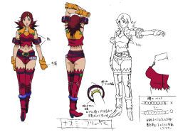  00s 1girl ass back breasts reference_sheet female_focus full_body gloves hair_ornament large_breasts long_hair looking_at_viewer midriff multiple_views naomi_fluegel navel official_art partially_colored purple_eyes red_hair revealing_clothes scan shorts simple_background sketch spiked_hair translation_request white_background zoids zoids_shinseiki/zero  rating:Sensitive score:31 user:fakyuh