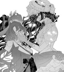  2girls absurdres bow collared_shirt dress eye_contact face-to-face floating_hair from_side glasses gloves gown greyscale hair_bow hand_on_another&#039;s_cheek hand_on_another&#039;s_face hand_up hat hat_bow highres isolde_(reverse:1999) jacket juliet_sleeves kakania_(reverse:1999) long_dress long_hair long_sleeves looking_at_another low_ponytail monochrome multiple_girls neck_ribbon ponytail puffy_sleeves reverse:1999 ribbon shirt tabin upper_body veil wavy_hair white_background 