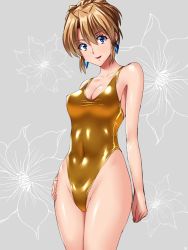 1990s_(style) 1girl agent_aika aika_(series) bare_shoulders blue_eyes breasts brown_hair cleavage covered_navel cowboy_shot earrings female_focus hand_on_own_hip highleg highleg_one-piece_swimsuit jewelry looking_at_viewer one-piece_swimsuit open_mouth retro_artstyle sen_(sansui) shiny_clothes short_hair solo standing sumeragi_aika swimsuit white_background yellow_one-piece_swimsuit rating:Sensitive score:74 user:danbooru