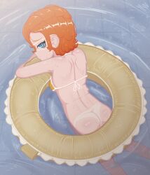  1girl arm_rest ass back bikini bikini_tan bikini_top_only blue_eyes bottomless closed_mouth feet_out_of_frame female_focus from_behind highres huntamann innertube loli looking_at_viewer orange_hair original short_hair shoulder_blades sidelocks smile solo swim_ring swimming swimsuit tan tanline water wet yellow_bikini 