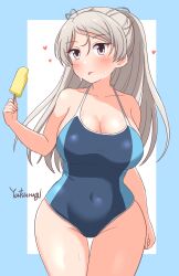1girl alternate_costume blue_one-piece_swimsuit breasts competition_swimsuit conte_di_cavour_(kancolle) covered_navel food grey_hair heart highres holding holding_food holding_popsicle kantai_collection large_breasts long_hair one-piece_swimsuit popsicle purple_eyes solo swimsuit tongue tongue_out two_side_up very_long_hair yatsurugi