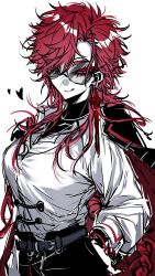  1girl alternate_hairstyle belt black_belt black_jacket black_pants black_shirt boat1starv1n bracelet breasts chinese_commentary closed_mouth collared_shirt cowboy_shot dress_shirt earrings genderswap genderswap_(mtf) hair_down hand_on_own_hip heart highres jacket jacket_on_shoulders jewelry large_breasts licking_lips long_hair long_sleeves looking_at_viewer makeup messy_hair pants red_eyes red_hair round_eyewear shiguang_dailiren shirt simple_background sketch smile solo sunglasses tassel tassel_earrings tongue tongue_out turtleneck upper_body white_background white_shirt xiao_weiying 