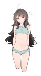  1girl ahoge bare_arms bare_shoulders blue_bra blue_panties blush bra brown_hair character_request closed_mouth cropped_legs frilled_bra frilled_panties frills gluteal_fold groin half-closed_eyes highres ikeuchi_tanuma long_hair looking_at_viewer navel original panties red_eyes simple_background solo translation_request underwear v-shaped_eyebrows very_long_hair white_background 