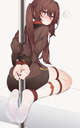 1girl absurdres anger_vein ayaya_(ayaya_ri) bdsm black_nails bondage bound bound_ankles bound_wrists brown_eyes brown_hair brown_jacket brown_shorts feet from_behind genshin_impact greek_toe grey_background hair_between_eyes highres hu_tao_(genshin_impact) jacket kneeling legs long_hair long_sleeves looking_at_viewer looking_back nail_polish no_shoes shibari short_hair shorts sidelocks socks soles solo symbol-shaped_pupils thighs toes twintails white_socks rating:Sensitive score:147 user:danbooru