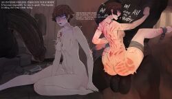  1boy 1girl absurdres argohazak ass barefoot bite_mark blood blood_on_face blue_eyes bowl_cut breasts broken broken_sword broken_weapon brown_hair cuts d&#039;arce_(fear_&amp;_hunger) dark-skinned_male dark_skin english_text fear_&amp;_hunger_(series) fear_&amp;_hunger_1 feet highres injury instant_loss large_penis medium_breasts nosebleed penis penis_awe pussy requesting_impregnation sex short_hair slap_mark sword toes weapon whip_marks wide_hips 