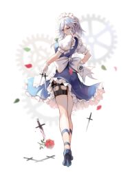  1girl apron between_fingers blue_eyes bow braid breasts dress edz_drawz falling_petals flower frills gears green_bow grey_hair high_heels highres holding holding_knife izayoi_sakuya knife knives_between_fingers maid maid_apron maid_headdress petals pocket_watch red_flower red_rose rose short_hair solo touhou twin_braids waist_apron watch 