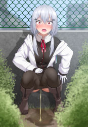  1girl blush boots breasts caught embarrassed gloves grey_hair hakase_fuyuki highres large_breasts long_hair maanii nijisanji open_mouth pantyhose pee peeing red_eyes solo squatting virtual_youtuber  rating:Explicit score:152 user:FabricioDias