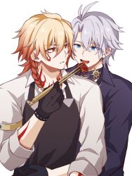  2boys 31767d antenna_hair apron arm_tattoo armlet black_apron black_choker black_gloves black_shirt blonde_hair blue_eyes braid choker chopsticks collared_shirt commentary_request facial_tattoo feeding gloves gradient_hair hair_between_eyes highres holding holding_chopsticks honkai:_star_rail honkai_(series) hug hug_from_behind jewelry male_focus medium_hair multicolored_hair multiple_boys mydei_(delicacies)_(honkai:_star_rail) mydei_(honkai:_star_rail) neck_tattoo official_alternate_costume parted_bangs phainon_(fashion)_(honkai:_star_rail) phainon_(honkai:_star_rail) red_hair red_tattoo shirt short_hair side_braid simple_background sun_symbol sun_tattoo tan tattoo white_background white_hair white_shirt yaoi yellow_eyes 