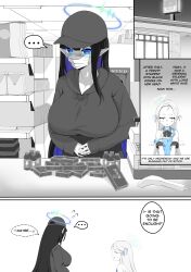  ... 2girls absurdres angel&#039;s_24_uniform_(blue_archive) apron averting_eyes barcode_scanner baseball_cap black_hair blue_apron blue_archive blue_eyes blue_hair blue_halo blush breasts buying_condoms cawl censored colored_inner_hair commentary condom_box convenience_store deadpan energy_drink english_commentary english_text fake_censor flat_chest halo hat highres large_breasts long_hair long_sleeves mask mouth_mask multicolored_hair multiple_girls pointy_ears rin_(blue_archive) shop short_sleeves sora_(blue_archive) spot_color surgical_mask sweat sweater very_long_hair white_wings wings 