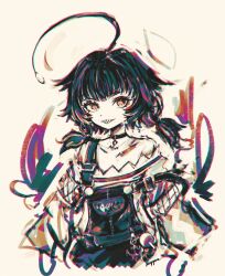  1girl absurdres anglerfish_girl blue_hair blue_overalls choker commentary english_commentary fish_girl fish_skeleton fishing_lure heart heart-shaped_hair highres indie_virtual_youtuber jewelry kitanya_(anglerfish) kitanya_nyanta merpperoni necklace overalls pale_skin partially_colored pastel_(medium) red_eyes sharp_teeth short_twintails single_bare_shoulder sketch teeth traditional_media twintails upper_body virtual_youtuber 