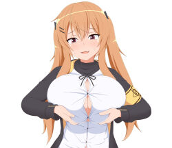  1girl :d black_jacket blush breasts breasts_squeezed_together brown_hair buttons cleavage commentary fang girls&#039;_frontline grabbing_own_breast hair_between_eyes hair_ornament hairclip hands_up highres jacket large_breasts long_hair looking_at_breasts no_bra nyuumura_asa open_clothes open_jacket open_mouth orange_hair pink_eyes shirt smile solo twintails ump9_(girls&#039;_frontline) undersized_clothes upper_body very_long_hair white_shirt 