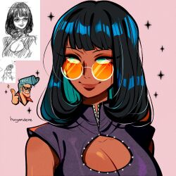  1boy 1girl absurdres black_hair blue_eyes blue_hair blunt_bangs breasts cleavage closed_mouth commentary english_commentary franky_(one_piece) highres huyandere medium_hair nico_robin one_piece orange-tinted_eyewear pink_background pompadour simple_background sleeveless smile sparkle thumbs_up tinted_eyewear turtleneck 