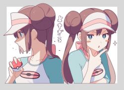  1girl blue_eyes blush breasts brown_hair closed_mouth donut_hair_bun double_bun hair_bun hat highres holding holding_poke_ball long_hair looking_at_viewer nintendo oromnt poke_ball poke_ball_(basic) poke_ball_print pokemon pokemon_bw2 raglan_sleeves rosa_(pokemon) shirt simple_background solo twintails upper_body visor_cap 