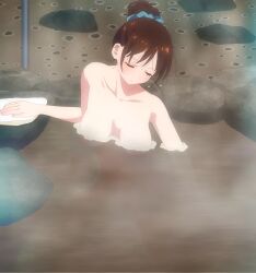  1girl anime_screenshot blue_scrunchie breasts brown_hair closed_eyes collarbone completely_nude convenient_censoring hair_bun hair_ornament hair_scrunchie hanging_breasts kanojo_okarishimasu large_breasts mizuhara_chizuru nude nude_filter_request partially_submerged random_guy_65 scrunchie sidelocks third-party_edit water 