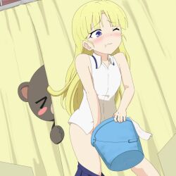  1girl bear blonde_hair blue_eyes bucket curtains gobanme_no_mayoi_neko hanasaka_warabi highres holding holding_bucket implied_peeing long_hair no_panties one_eye_closed school_uniform shirt sleeveless sleeveless_shirt tears 
