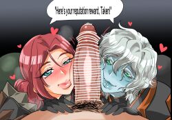  1boy 2girls anasteria armor ass bent_over black_sclera blue_eyes blue_lips blue_skin blush breath censored colored_sclera colored_skin english_text eye_contact facejob gauntlets gloves green_eyes grey_hair grim_dawn heart kodainosinpi korinia lips looking_at_another looking_at_viewer mature_female multiple_girls naughty_face open_mouth parted_lips penis penis_between_cheeks penis_on_cheek penis_on_face penis_worship ponytail pov precum pubic_hair red_hair rubbing short_hair shoulder_pads speech_bubble steam teamwork_(sexual) thick_lips translated 