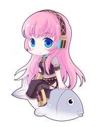  1girl arm_tattoo black_shirt black_thighhighs blue_eyes blush boots brown_boots chibi chibi_only closed_mouth commentary crodire detached_sleeves fish full_body headset long_hair long_skirt looking_at_viewer megurine_luka midriff navel number_tattoo pink_hair shirt side_slit simple_background single_detached_sleeve sitting skirt sleeveless sleeveless_shirt smile solo tattoo thighhighs transparent_background vocaloid watermark web_address 