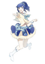  1girl absurdres aikatsu! aikatsu!_(series) blue_eyes blue_hair blue_neckerchief blue_scrunchie blue_skirt boots clenched_hand commentary_request eyelashes floating_clothes floating_hair frilled_boots frilled_skirt frilled_wrist_cuffs frills full_body hair_ornament hair_scrunchie happy high_heel_boots high_heels highres idol jumping kiriya_aoi knee_boots layered_skirt medium_hair midriff_peek morgue_(southsakura) navel neckerchief necktie offering_hand outstretched_hand plaid_clothes plaid_necktie plaid_scrunchie plaid_skirt pleated_skirt puffy_short_sleeves puffy_sleeves sailor_collar scrunchie shirt short_sleeves side_ponytail simple_background skirt solo swept_bangs tareme wavy_hair white_background white_boots white_sailor_collar white_skirt white_wrist_cuffs wrist_cuffs yellow_shirt 