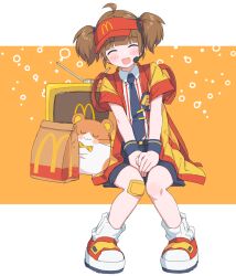  1girl :d ^_^ ahoge badge bag between_legs black_necktie black_shorts blush brown_hair bubble_background button_badge closed_eyes commentary_request crt gauze_on_knee hand_between_legs hat hayashi_naoharu headset highres imadake_dabuchi_tabemi knees_together_feet_apart leaning_to_the_side letterboxed loose_socks mcdonald&#039;s microphone necktie open_mouth orange_background outside_border own_hands_together paper_bag pinstripe_pattern pinstripe_shirt rabbit_ears_antenna red_footwear red_hat red_shirt red_trim shirt shorts sitting smile socks solo tie_clip twintails uwu v_arms velcro_footwear visor_cap white_shirt white_socks yellow_happi 