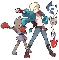  2boys absol absurdres blonde_hair blue_eyes blue_jacket boxing_gloves crabrawler creatures_(company) crossover ed_(street_fighter) full_body game_freak gen_1_pokemon gen_2_pokemon gen_3_pokemon gen_7_pokemon grey_pants hair_over_one_eye highres hitmonchan jacket multiple_boys nintendo no_shirt noctowl pants poke_ball pokemon pokemon_(creature) punching sach56000 scizor simple_background street_fighter white_background 