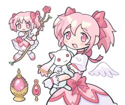  1girl angel_wings blush bow bubble_skirt dress flower frilled_gloves frilled_socks frills gloves holding holding_staff ilovekongguksu jewelry kaname_madoka kaname_madoka_(magical_girl) kyubey lolita_fashion looking_at_viewer magical_girl mahou_shoujo_madoka_magica mahou_shoujo_madoka_magica_(anime) pink_bow pink_dress pink_eyes pink_hair pink_shoes red_eyes ring rose shoes short_twintails skirt smile socks soul_gem staff twintails white_background white_gloves wings  rating:General score:2 user:danbooru
