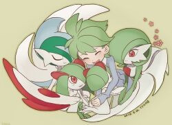  2boys closed_eyes closed_mouth commentary_request dated evolutionary_line flower gallade gardevoir gen_3_pokemon gen_4_pokemon green_background green_hair green_outline hug kirlia long_sleeves lower_teeth_only mari_mokomo mega_gallade mega_pokemon multiple_boys nintendo one_eye_covered open_mouth outline pink_flower pokemon pokemon_(creature) pokemon_oras ralts red_eyes short_hair simple_background smile teeth wally_(pokemon) 