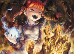 1girl animal_ears bow braid cat_ears cat_girl fangs female_focus fingernails fire hair_bow hitodama kaenbyou_rin long_fingernails nail_polish nametake open_mouth red_eyes red_hair short_hair solo teeth touhou twin_braids twintails rating:Sensitive score:13 user:danbooru