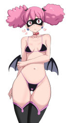  1girl :&lt; bat_wings bikini black_bikini boku_no_hero_academia boots breasts choker cleavage clothing_cutout curvy embarrassed haneyama_kazuho heart heart_cutout high_heels highleg highleg_bikini highres long_hair looking_at_viewer mask micro_bikini mini_wings one_eye_closed pabsmikan pink_hair red_choker revealing_clothes ribbon_choker swimsuit thigh_boots thighhighs thong thong_bikini twintails vigilante_-boku_no_hero_academia:_illegals- white_background wide_hips wings wink 
