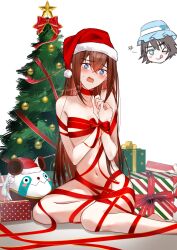  2girls bare_shoulders bdsm blush bondage bound bound_wrists bow box breasts brown_hair chibi chibi_inset christmas christmas_ornaments christmas_tree collarbone commentary convenient_censoring embarrassed full_body fur-trimmed_headwear fur_trim gift gift_box groin hair_between_eyes hat highres long_hair looking_at_viewer makise_kurisu multiple_girls naked_ribbon navel one_eye_closed open_mouth red_ribbon ribbon ribbon_bondage santa_hat shiina_mayuri shirase_rin simple_background sitting small_breasts smile steins;gate tongue upa_(steins;gate) white_background wrapped_up 