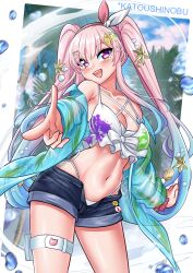  1girl absurdres airani_iofifteen armpit_crease artist_name badge bare_shoulders belt bikini blue_hair blue_shirt blue_shorts blue_sky blush breasts button_badge cleavage cloud cloudy_sky collarbone commentary day english_commentary gradient_hair hair_ornament hair_ribbon hairclip highres hololive hololive_indonesia katou_shinobu large_breasts long_hair long_sleeves looking_at_viewer multicolored_hair navel open_mouth outdoors paint_on_clothes palette_hair_ornament pink_hair pink_lips pink_ribbon pink_scrunchie pointing pouch ribbon scrunchie shirt shorts side-tie_bikini_bottom sky smile solo star_(symbol) star_hair_ornament star_in_eye stomach swimsuit symbol_in_eye teeth thigh_belt thigh_pouch thigh_strap thighs twintails virtual_youtuber white_bikini white_ribbon wrist_scrunchie 