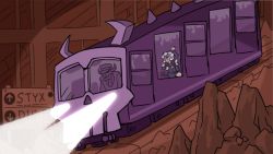  1boy 1girl 6+others arrow_(symbol) crowded demon_girl demon_horns demon_tail english_text funicular glasses helltaker horns kyo-hei_(kyouhei) multiple_others multiple_unit_train pandemonica_(helltaker) searchlight sign skeleton_(helltaker) tail train train_conductor 