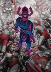  2girls 6+boys alien armor artist_name belt_buckle blue_armor boots buckle color_timer colored_skin commentary dated davidchin62 english_commentary eye_slugger forehead_jewel from_above galactus gem gloves green_gemstone helmet highres jewelry kaette_kita_ultraman lying male_focus marvel multicolored_skin multiple_boys multiple_girls necklace no_pupils on_back on_ground pearl_necklace purple_armor purple_boots purple_gloves purple_helmet red_armor red_skin rock shoulder_armor signature silver_skin standing tokusatsu ultra_series ultraman ultraman:_the_adventure_begins ultraman_(1st_series) ultraman_80_(series) ultraman_ace ultraman_ace_(series) ultraman_jack ultraman_tarou ultraman_tarou_(series) ultraseven ultraseven_(series) ultrawoman_beth unconscious vambraces yellow_eyes yullian 