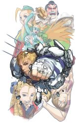  3girls 4boys ahoge bengus biting biting_another&#039;s_arm blanka blonde_hair blue_leotard braid cammy_white cody_travers colored_skin domino_mask e._honda eating facepaint game_cg garrison_cap green_skin grin hat heattech_leotard highres huge_ahoge kanzuki_karin killer_bee_cammy leotard mask multiple_boys multiple_girls necktie non-web_source official_art orange_hair prison_clothes punching rainbow_mika ringlets short_necktie smile street_fighter street_fighter_zero_(series) turtleneck twintails vega_(street_fighter) wrestler 