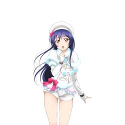  1girl blue_hair cape cowboy_shot detached_sleeves frilled_shirt frills fur_cape fur_shirt hand_up hat long_hair looking_at_viewer love_live! love_live!_school_idol_festival love_live!_school_idol_project official_art open_mouth pink_ribbon ribbon shirt shorts snow_halation solo sonoda_umi teeth transparent_background upper_teeth_only white_hat white_shirt white_shorts yellow_eyes 