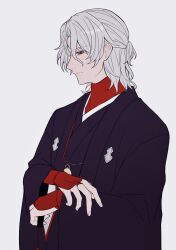  1boy antonio_salieri_(fate) antonio_salieri_(over_the_same_sky)_(fate) black_kimono bridal_gauntlets closed_mouth crossed_arms fate/grand_order fate_(series) folded_fan folding_fan from_side frown grey_hair hair_between_eyes half_updo hand_fan haori highres holding holding_fan japanese_clothes kimono long_sleeves looking_at_viewer looking_to_the_side male_focus medallion red_eyes red_shirt shirt simple_background solo sumi_(gfgf_045) turtleneck undershirt upper_body white_background wide_sleeves 