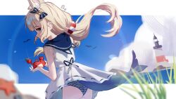  1girl ? ahoge animal_ears animal_hood bikini blonde_hair blue_bikini blue_bow blue_eyes blue_hair blue_sky bongk bow breasts cat_ears cat_hood cloud crab dress fins fish_girl fish_tail hair_bow highres hood hooded_dress indie_virtual_youtuber kaniki_(sameko_saba) lifebuoy_hair_ornament lighthouse long_hair looking_at_another low_twintails multicolored_hair one_side_up outdoors sameko_saba sky sleeveless sleeveless_dress small_breasts solo starfish streaked_hair striped_bikini striped_clothes swimsuit tail twintails very_long_hair virtual_youtuber white_dress 