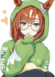  1girl absurdres animal_ears black_pantyhose blush braid brown_hair closed_mouth clothes_writing ear_ornament ears_through_hood glasses green_hoodie grey-framed_eyewear grey_eyes hand_up heart highres hood hood_up hoodie horse_ears horse_girl ikuno_dictus_(umamusume) ka_(ka_p019) long_hair long_sleeves looking_at_viewer pantyhose puffy_long_sleeves puffy_sleeves round_eyewear simple_background single_braid smile solo umamusume upper_body white_background 