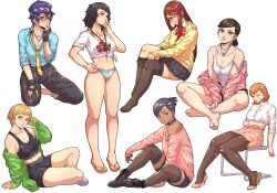  absurdres black_hair blue_hair breasts brown_eyes brown_hair chuckuddin cleavage collarbone fushimi_chihiro glasses hat highres jacket jewelry kawakami_sadayo large_breasts looking_at_viewer medium_breasts medium_hair multiple_girls navel nishiwaki_yuuko open_mouth persona persona_3 persona_4 persona_5 sandals satonaka_chie shirogane_naoto shirt short_hair simple_background skirt smile teacher toriumi_isako uehara_sayoko yellow_sandals 