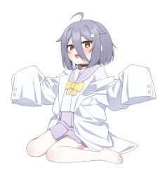  1girl :d absurdres ahoge barefoot black_choker bow buttons cat_hair_ornament choker double-parted_bangs hair_between_eyes hair_flaps hair_ornament hairpin henya_the_genius highres jacket long_bangs looking_at_viewer medium_hair open_mouth pleated_skirt purple_hair purple_skirt sailor_collar school_uniform serafuku shirt sidelocks sitting skirt sleeves_past_fingers sleeves_past_wrists smile solo ugaaaa1 virtual_youtuber vshojo white_background white_jacket white_shirt yellow_bow yellow_eyes 