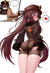 1girl absurdres ass ass_grab ass_support bike_shorts blush brown_hair cameltoe deep_skin from_behind from_below genshin_impact hat hat_ornament highres hu_tao_(genshin_impact) long_hair looking_back looking_down naeng_go red_eyes short_shorts shorts solo_focus tongue tongue_out twintails very_long_hair rating:Sensitive score:174 user:armorcrystal