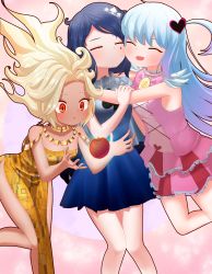  3girls absurdres apple artist_request blue_hair blush dress evening_gown closed_eyes facial_mark food fruit hair_ornament highres hug jewelry king_of_greed knight_of_deapair knight_of_despair library_of_ruina lobotomy_corporation magical_girl multicolored_hair multiple_girls project_moon queen_of_hatred red_eyes sleeveless sleeveless_dress white_hair  rating:Questionable score:4 user:th8827